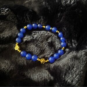 Blue Chalcedony Beaded Stretch Bracelet with Gold Hematite Accents